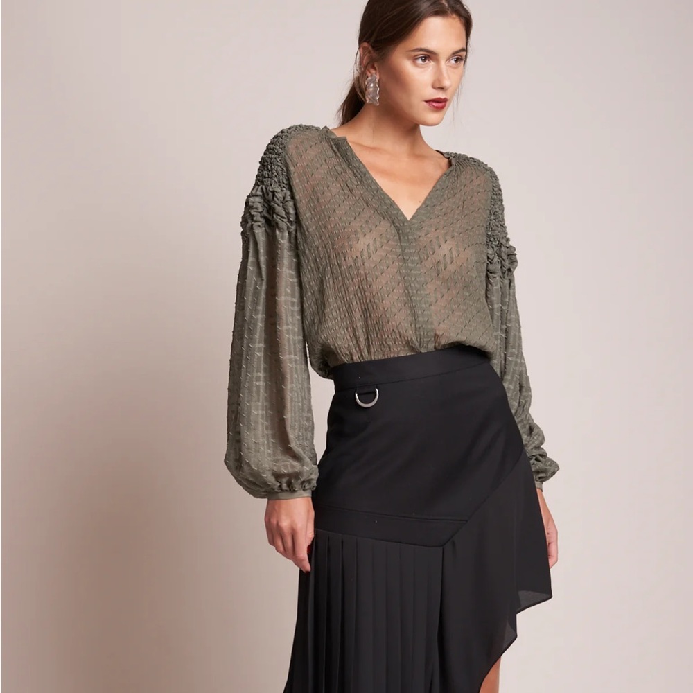 Chelsea and Walker Sage Green Sheer Blouse with Textured Sleeves